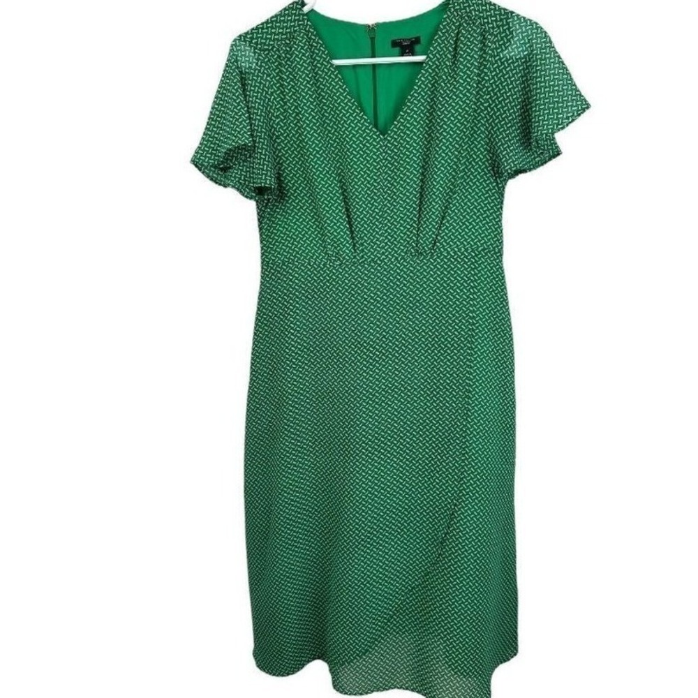 Ann Taylor Factory Petite Green Geometric V-Neck Flutter Sleeve Sheath Dress 2P